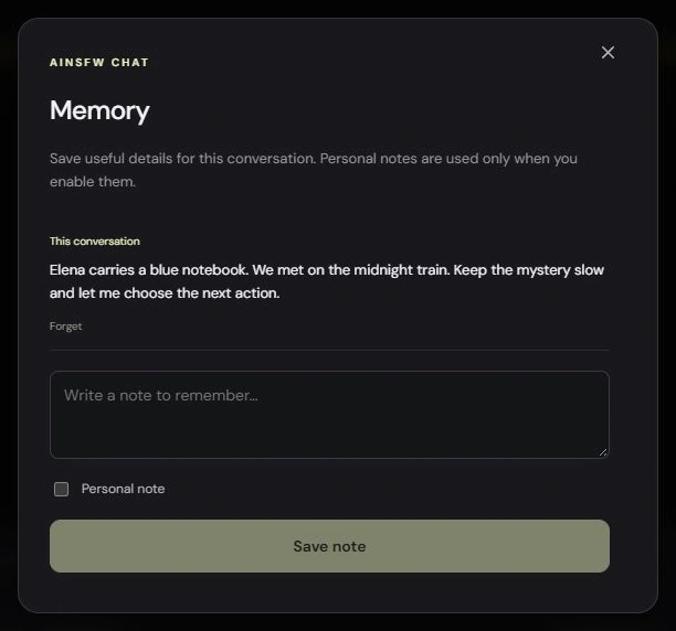 Actual AINSFW memory panel showing a saved conversation note and the option to forget it