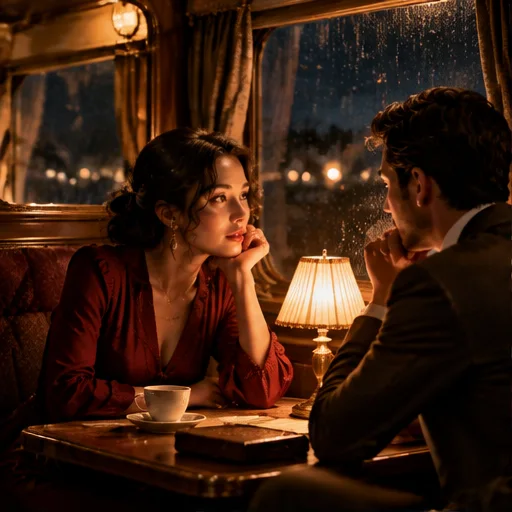 Two adults talking in a warmly lit train compartment at night