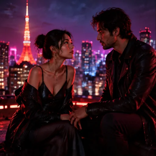 An adult couple on a neon-lit rooftop at night
