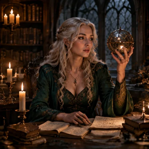 A silver-haired adult sorceress in a candlelit fantasy library