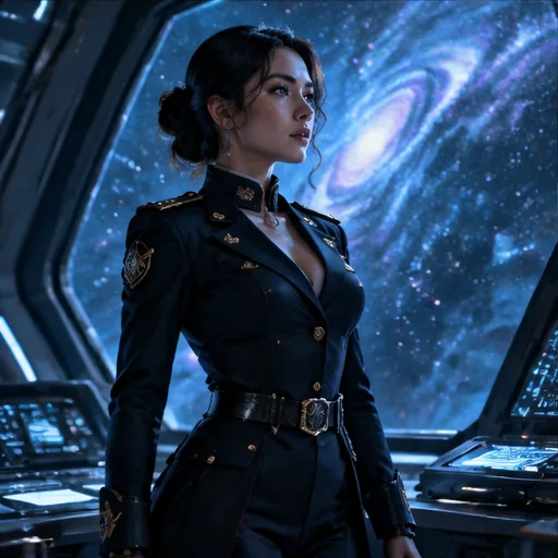 An adult starship captain beside a window overlooking a blue galaxy