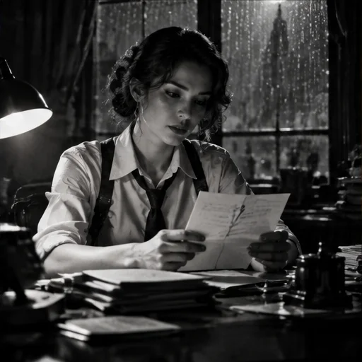 A female detective examining a letter in a black-and-white office