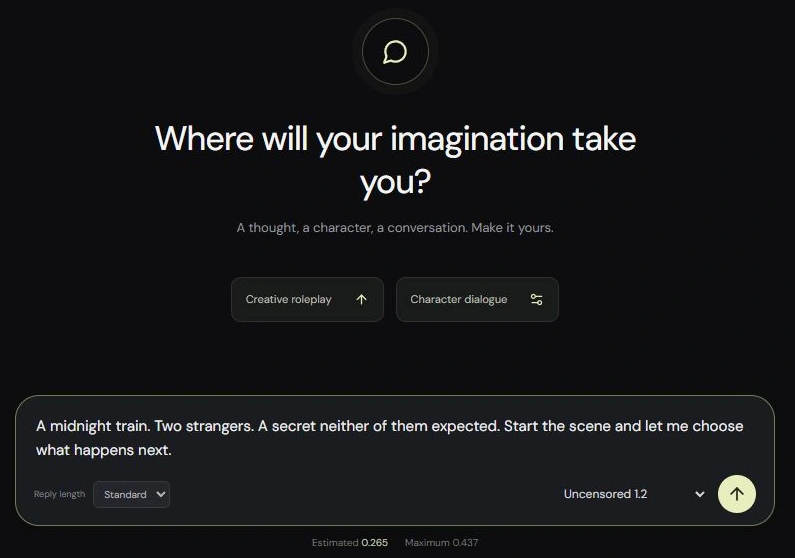 AINSFW chat workspace with a story draft, model selector and credit estimate