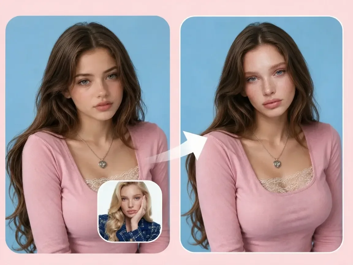 Original and swapped studio portraits with the face reference below