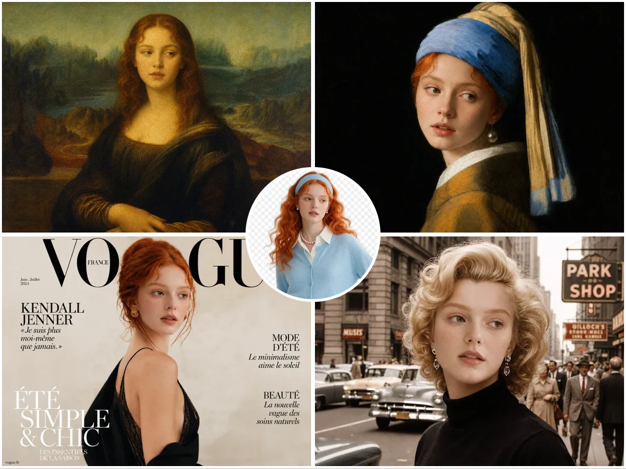 A central face reference surrounded by four creative portrait scenes