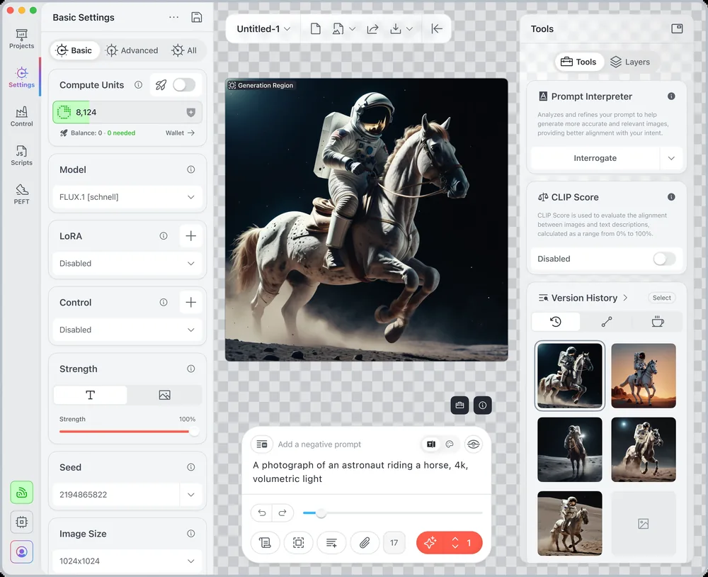 Draw Things · Draw Things’ published Mac interface, with a generated image and its editing workspace.