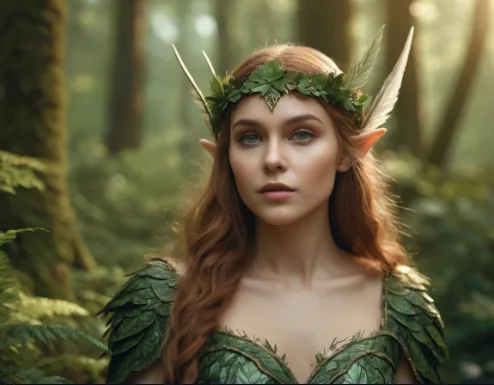 An adult elf in a green gown in a forest, from the Fooocus official example grid