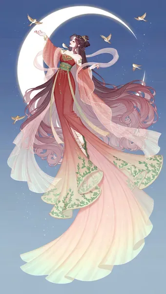 A goddess in flowing robes beside a crescent moon in the NovelAI showcase