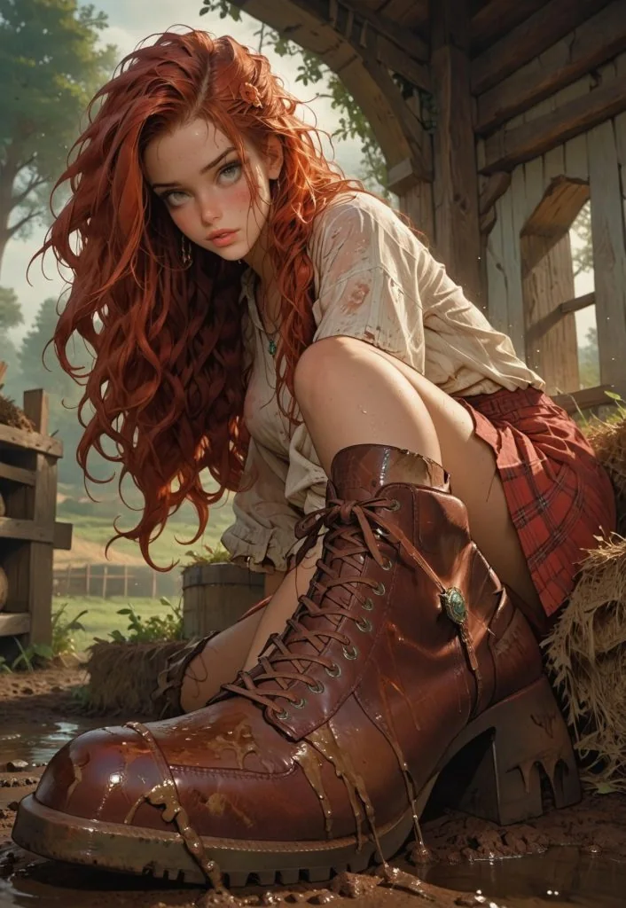 Red-haired adult fantasy adventurer in a cream blouse and tall leather boots