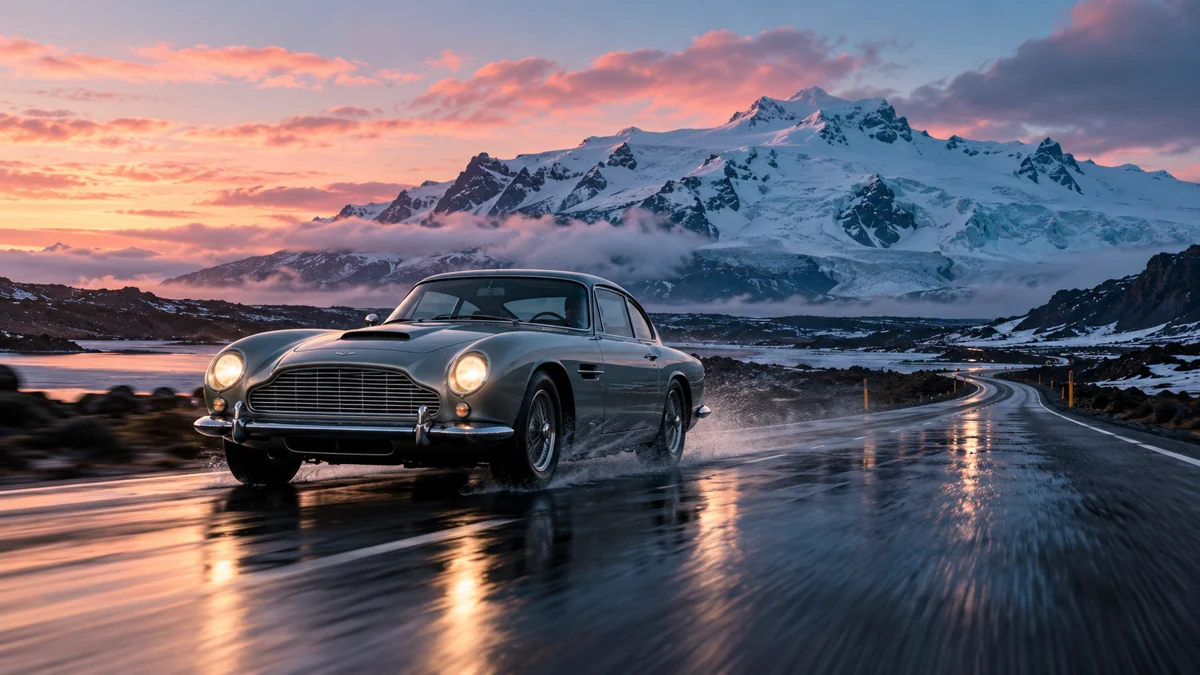 A silver vintage sports car on a wet volcanic road in Iceland