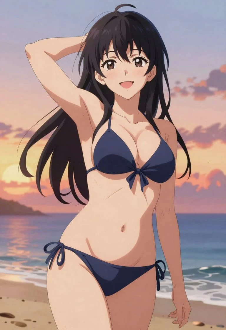 An adult anime character in blue beachwear by the sea at sunset