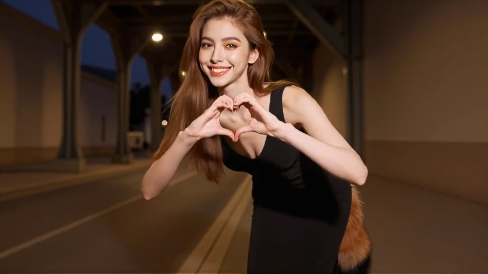 Later pose: the same woman smiling with her hands in a heart shape