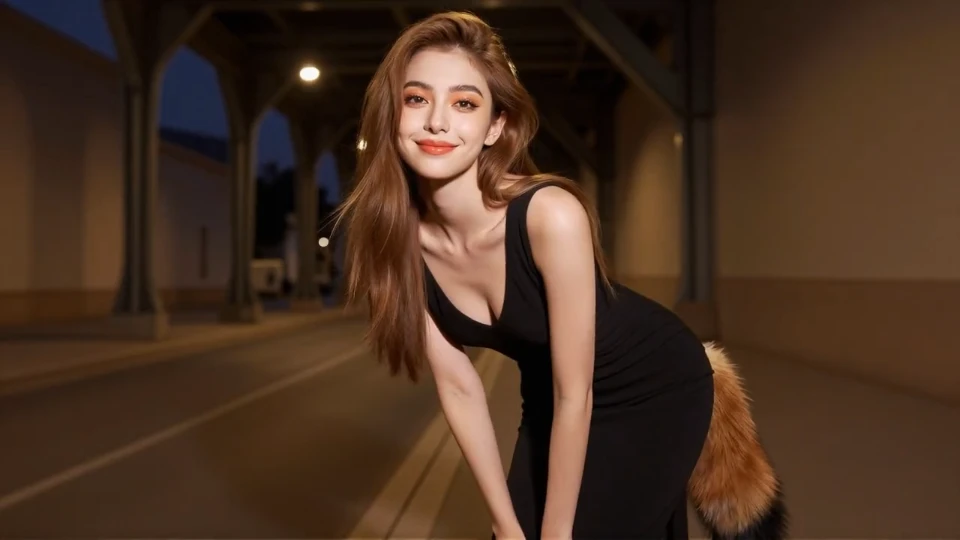 Opening pose: a woman facing the camera on a warmly lit street