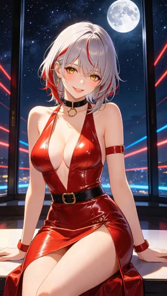 赤いイブニングドレスを着た成人のアニメキャラクターが、月明かりの下で身ぶりをする。