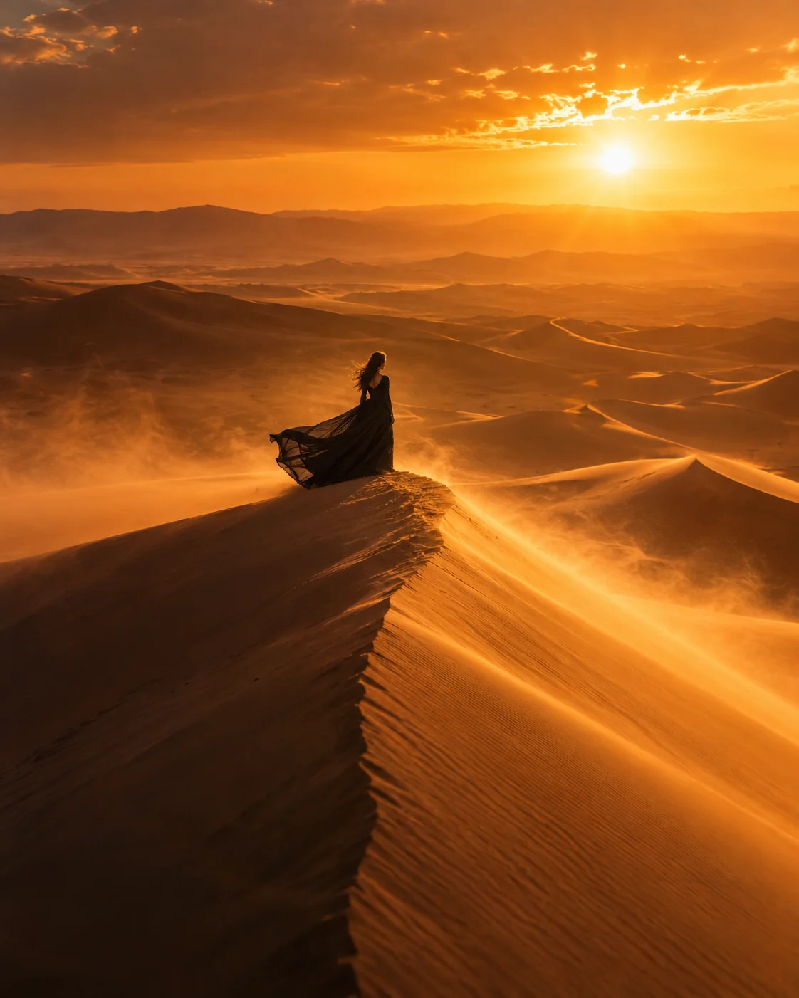 An adult woman in a flowing full-length black gown on a vast golden sand dune at sunset