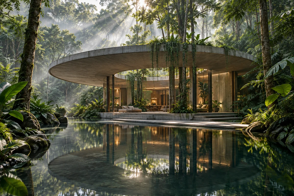 A futuristic concrete sanctuary surrounded by dense emerald rainforest