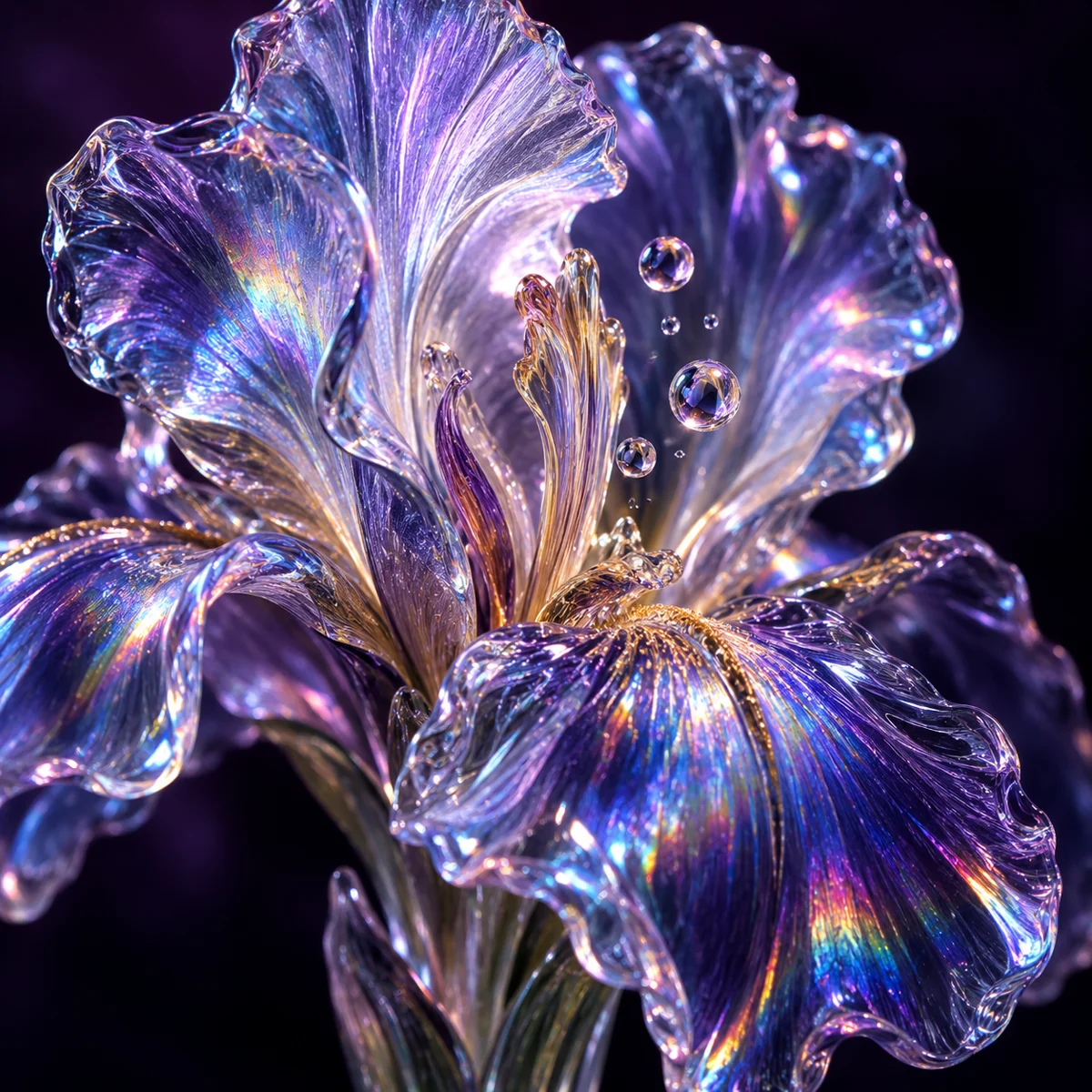 A translucent glass iris flower with iridescent petals and suspended water droplets