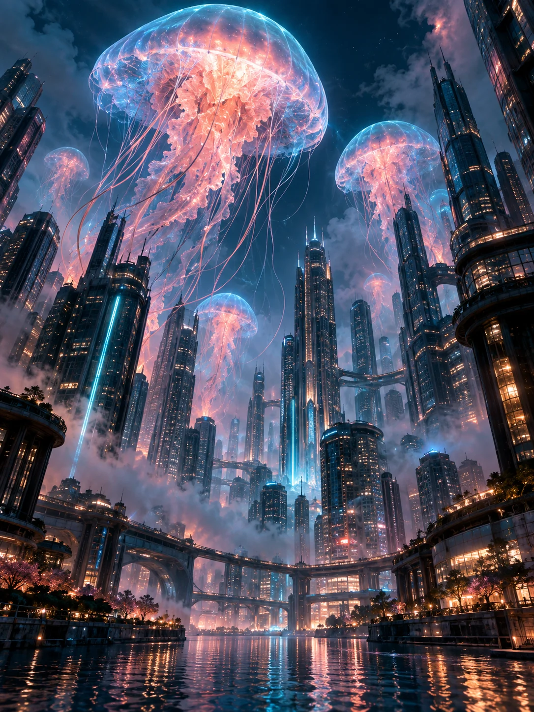 Giant translucent luminous jellyfish float above a futuristic city at night