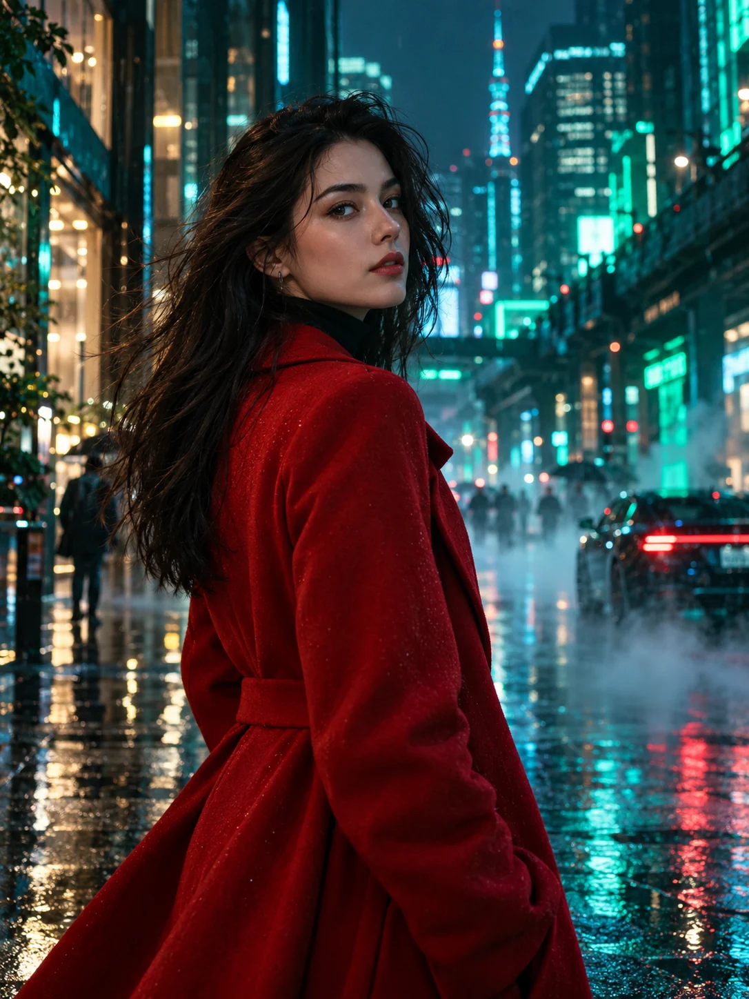 Cinematic editorial portrait of an adult woman in a red wool coat on a rain-soaked Tokyo street